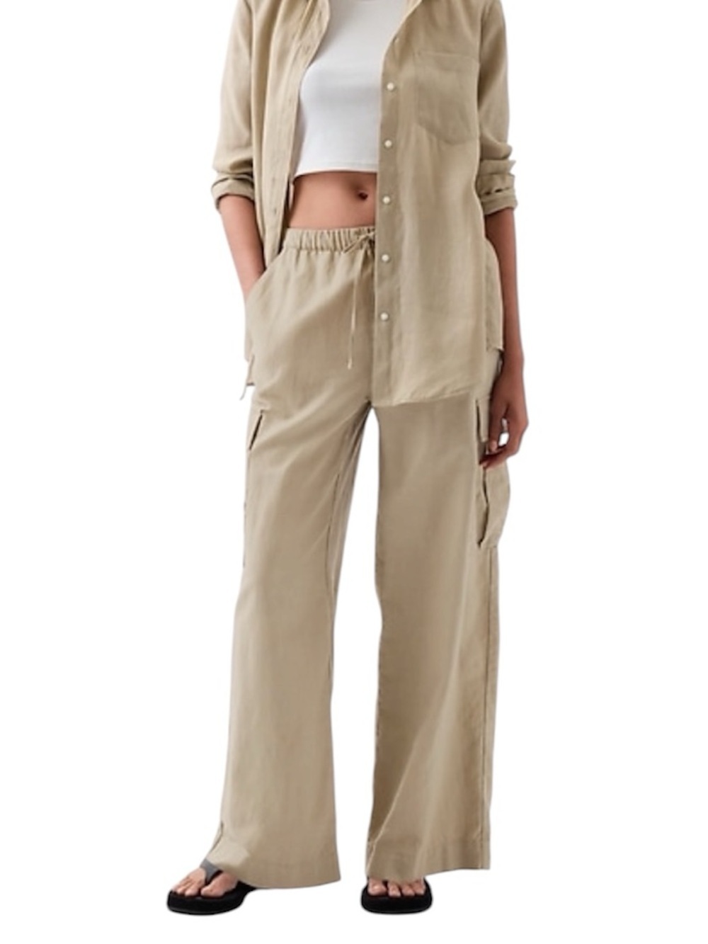 Gap Mid Rise Linen Cotton Pull On Cargo Pants